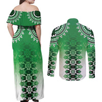 New Zealand Couples Matching Off Shoulder Maxi Dress and Long Sleeve Button Shirt Poutama Mix Green Taniko Inspired Art LT05 - Polynesian Pride