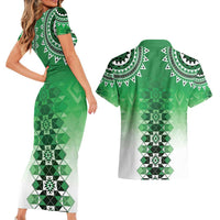 New Zealand Couples Matching Short Sleeve Bodycon Dress and Hawaiian Shirt Poutama Mix Green Taniko Inspired Art LT05 - Polynesian Pride