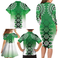 New Zealand Family Matching Long Sleeve Bodycon Dress and Hawaiian Shirt Poutama Mix Green Taniko Inspired Art LT05 - Polynesian Pride