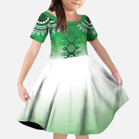 New Zealand Family Matching Off The Shoulder Long Sleeve Dress and Hawaiian Shirt Poutama Mix Green Taniko Inspired Art LT05 Daughter's Dress Green - Polynesian Pride