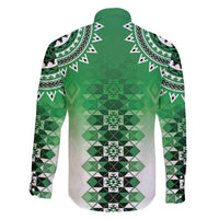 New Zealand Family Matching Off The Shoulder Long Sleeve Dress and Hawaiian Shirt Poutama Mix Green Taniko Inspired Art LT05 - Polynesian Pride