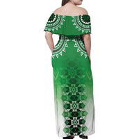 New Zealand Family Matching Off Shoulder Maxi Dress and Hawaiian Shirt Poutama Mix Green Taniko Inspired Art LT05 - Polynesian Pride