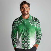 New Zealand Long Sleeve Polo Shirt Poutama Mix Green Taniko Inspired Art LT05