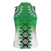 New Zealand Women Sleeveless Polo Shirt Poutama Mix Green Taniko Inspired Art LT05