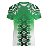 New Zealand Women V-Neck T-Shirt Poutama Mix Green Taniko Inspired Art LT05
