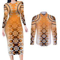 New Zealand Couples Matching Long Sleeve Bodycon Dress and Long Sleeve Button Shirt Poutama Mix Orange Taniko Inspired Art LT05 Orange - Polynesian Pride