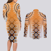 New Zealand Couples Matching Long Sleeve Bodycon Dress and Long Sleeve Button Shirt Poutama Mix Orange Taniko Inspired Art LT05 - Polynesian Pride