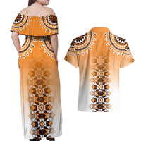 New Zealand Couples Matching Off Shoulder Maxi Dress and Hawaiian Shirt Poutama Mix Orange Taniko Inspired Art LT05 - Polynesian Pride