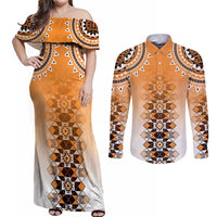 New Zealand Couples Matching Off Shoulder Maxi Dress and Long Sleeve Button Shirt Poutama Mix Orange Taniko Inspired Art LT05 Orange - Polynesian Pride