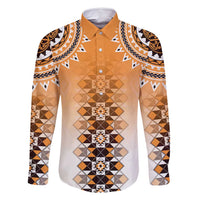 New Zealand Family Matching Off Shoulder Maxi Dress and Hawaiian Shirt Poutama Mix Orange Taniko Inspired Art LT05 Dad's Shirt - Long Sleeve Orange - Polynesian Pride