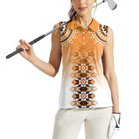 New Zealand Women Sleeveless Polo Shirt Poutama Mix Orange Taniko Inspired Art LT05