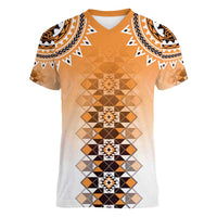 New Zealand Women V-Neck T-Shirt Poutama Mix Orange Taniko Inspired Art LT05 Female Orange - Polynesian Pride