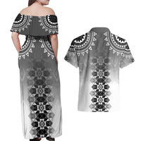 New Zealand Couples Matching Off Shoulder Maxi Dress and Hawaiian Shirt Poutama Mix Gray Taniko Inspired Art LT05 - Polynesian Pride
