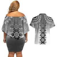 New Zealand Couples Matching Off Shoulder Short Dress and Hawaiian Shirt Poutama Mix Gray Taniko Inspired Art LT05 - Polynesian Pride