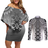 New Zealand Couples Matching Off Shoulder Short Dress and Long Sleeve Button Shirt Poutama Mix Gray Taniko Inspired Art LT05 Gray - Polynesian Pride