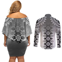 New Zealand Couples Matching Off Shoulder Short Dress and Long Sleeve Button Shirt Poutama Mix Gray Taniko Inspired Art LT05 - Polynesian Pride