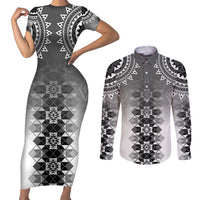 New Zealand Couples Matching Short Sleeve Bodycon Dress and Long Sleeve Button Shirt Poutama Mix Gray Taniko Inspired Art LT05 Gray - Polynesian Pride