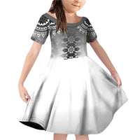 New Zealand Family Matching Off Shoulder Short Dress and Hawaiian Shirt Poutama Mix Gray Taniko Inspired Art LT05 Daughter's Dress Gray - Polynesian Pride