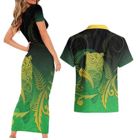 New Zealand Aotearoa Ruru Couples Matching Short Sleeve Bodycon Dress and Hawaiian Shirt Maori Fern Art Green LT05 - Polynesian Pride