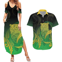 New Zealand Aotearoa Ruru Couples Matching Summer Maxi Dress and Hawaiian Shirt Maori Fern Art Green LT05 Green - Polynesian Pride
