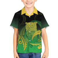 New Zealand Aotearoa Ruru Family Matching Tank Maxi Dress and Hawaiian Shirt Maori Fern Art Green LT05 Son's Shirt Green - Polynesian Pride