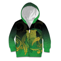 New Zealand Aotearoa Ruru Kid Hoodie Maori Fern Art Green LT05 Zip Hoodie Green - Polynesian Pride