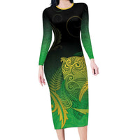 New Zealand Aotearoa Ruru Long Sleeve Bodycon Dress Maori Fern Art Green LT05 Long Dress Green - Polynesian Pride