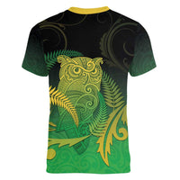 New Zealand Aotearoa Ruru Women V-Neck T-Shirt Maori Fern Art Green