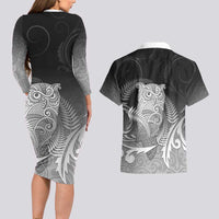 New Zealand Aotearoa Ruru Couples Matching Long Sleeve Bodycon Dress and Hawaiian Shirt Maori Fern Art Black LT05 - Polynesian Pride