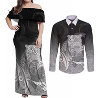 New Zealand Aotearoa Ruru Couples Matching Off Shoulder Maxi Dress and Long Sleeve Button Shirt Maori Fern Art Black LT05 Black - Polynesian Pride