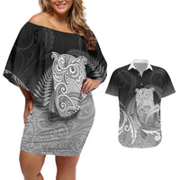 New Zealand Aotearoa Ruru Couples Matching Off Shoulder Short Dress and Hawaiian Shirt Maori Fern Art Black LT05 Black - Polynesian Pride