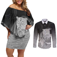 New Zealand Aotearoa Ruru Couples Matching Off Shoulder Short Dress and Long Sleeve Button Shirt Maori Fern Art Black LT05 Black - Polynesian Pride