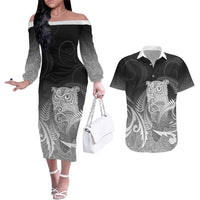 New Zealand Aotearoa Ruru Couples Matching Off The Shoulder Long Sleeve Dress and Hawaiian Shirt Maori Fern Art Black LT05 Black - Polynesian Pride