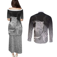 New Zealand Aotearoa Ruru Couples Matching Puletasi and Long Sleeve Button Shirt Maori Fern Art Black