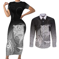 New Zealand Aotearoa Ruru Couples Matching Short Sleeve Bodycon Dress and Long Sleeve Button Shirt Maori Fern Art Black LT05 Black - Polynesian Pride