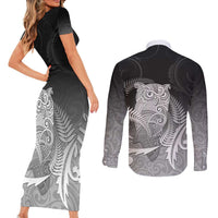 New Zealand Aotearoa Ruru Couples Matching Short Sleeve Bodycon Dress and Long Sleeve Button Shirt Maori Fern Art Black LT05 - Polynesian Pride