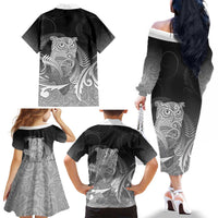 New Zealand Aotearoa Ruru Family Matching Off The Shoulder Long Sleeve Dress and Hawaiian Shirt Maori Fern Art Black LT05 - Polynesian Pride