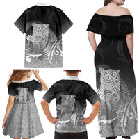 New Zealand Aotearoa Ruru Family Matching Off Shoulder Maxi Dress and Hawaiian Shirt Maori Fern Art Black LT05 - Polynesian Pride
