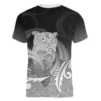 New Zealand Aotearoa Ruru Women V-Neck T-Shirt Maori Fern Art Black