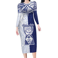 Personalised Northern Mariana Islands And Guam Family Matching Long Sleeve Bodycon Dress and Hawaiian Shirt Latte Stone With Tribal Pattern LT05 Mom's Dress Blue - Polynesian Pride