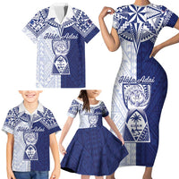 Personalised Northern Mariana Islands And Guam Family Matching Short Sleeve Bodycon Dress and Hawaiian Shirt Latte Stone With Tribal Pattern LT05 - Polynesian Pride