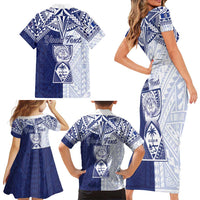 Personalised Northern Mariana Islands And Guam Family Matching Short Sleeve Bodycon Dress and Hawaiian Shirt Latte Stone With Tribal Pattern LT05 - Polynesian Pride