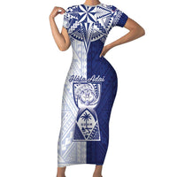 Personalised Northern Mariana Islands And Guam Family Matching Short Sleeve Bodycon Dress and Hawaiian Shirt Latte Stone With Tribal Pattern LT05 Mom's Dress Blue - Polynesian Pride