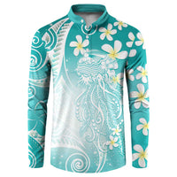 Polynesian Jellyfish Button Sweatshirt With Plumeria Teal