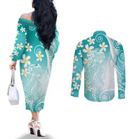 Polynesian Jellyfish Couples Matching Off The Shoulder Long Sleeve Dress and Long Sleeve Button Shirt With Plumeria Teal