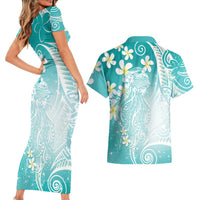 Polynesian Jellyfish Couples Matching Short Sleeve Bodycon Dress and Hawaiian Shirt With Plumeria Teal
