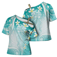 Polynesian Jellyfish Cross Shoulder Shirt With Plumeria Teal