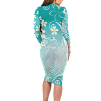 Polynesian Jellyfish Family Matching Long Sleeve Bodycon Dress and Hawaiian Shirt With Plumeria Teal LT05 - Polynesian Pride