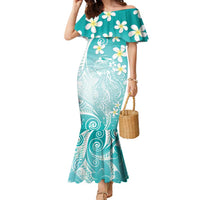 Polynesian Jellyfish Family Matching Mermaid Dress and Hawaiian Shirt With Plumeria Teal LT05 Mom's Dress Teal - Polynesian Pride