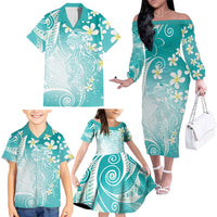 Polynesian Jellyfish Family Matching Off The Shoulder Long Sleeve Dress and Hawaiian Shirt With Plumeria Teal LT05 - Polynesian Pride